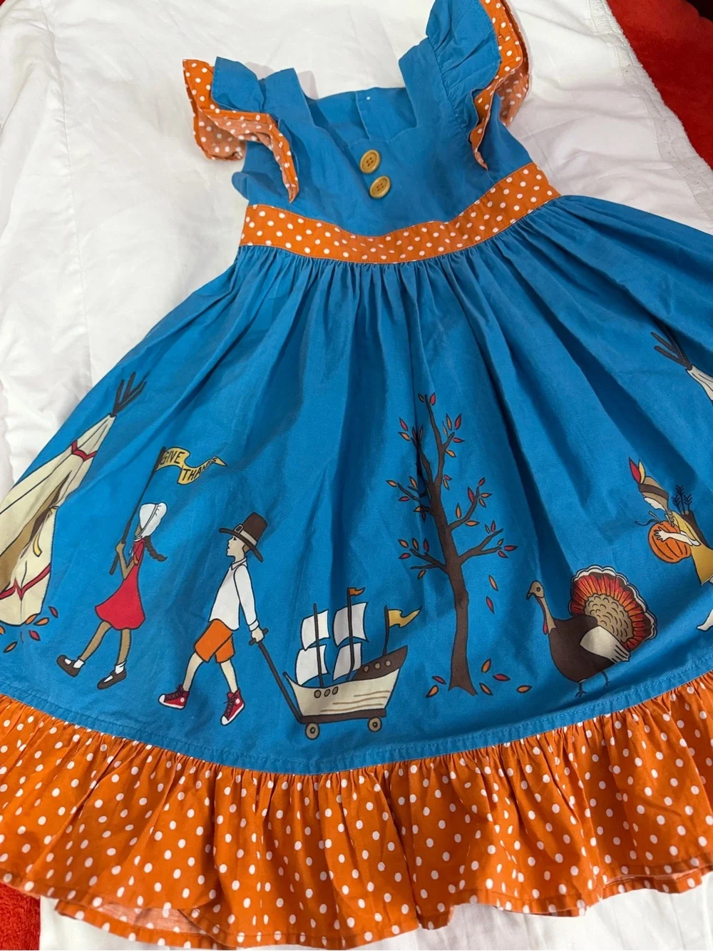 Eleanor Rose Girls Thanksgiving Turkey Pilgrim Boutique Dress Blue Orange